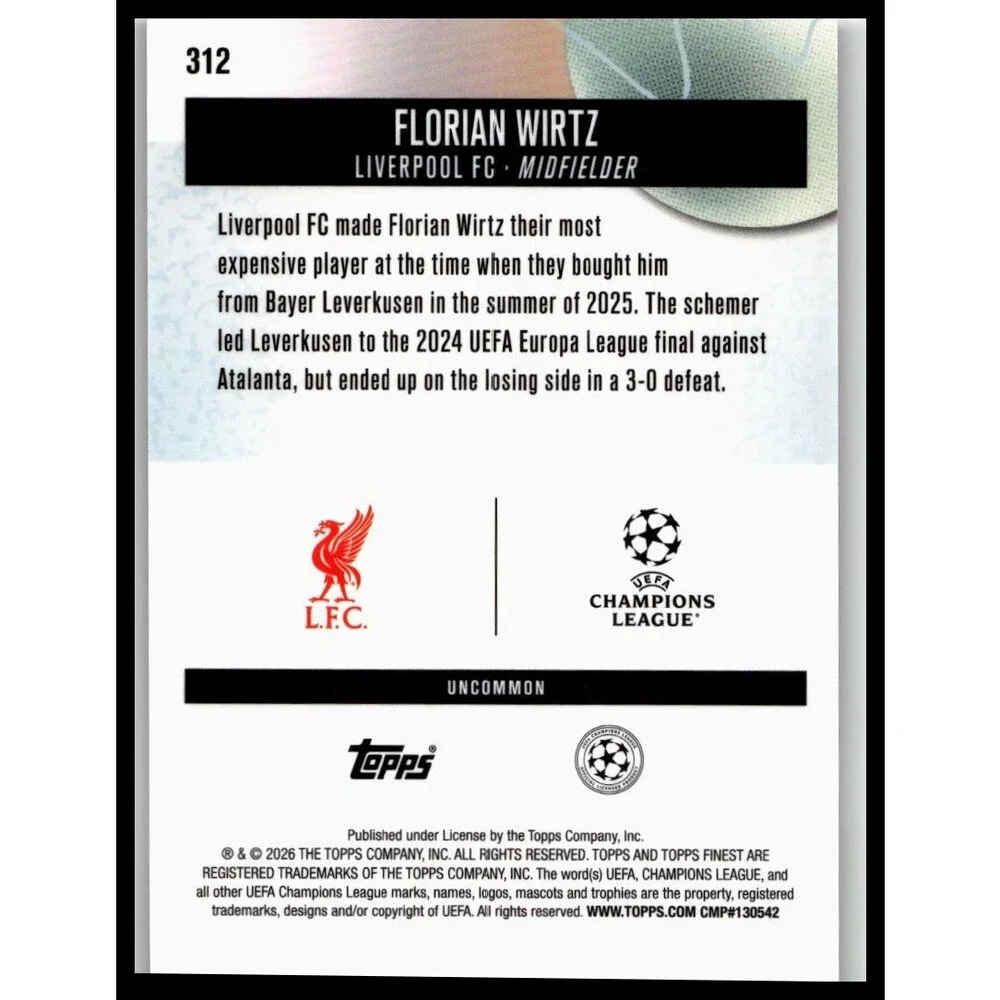 2025-26 Finest UEFA Florian Wirtz #312 Liverpool Uncommon